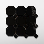 Moroccan Zellige Black Octagon Mosaic with Black dots - Cemento Collection