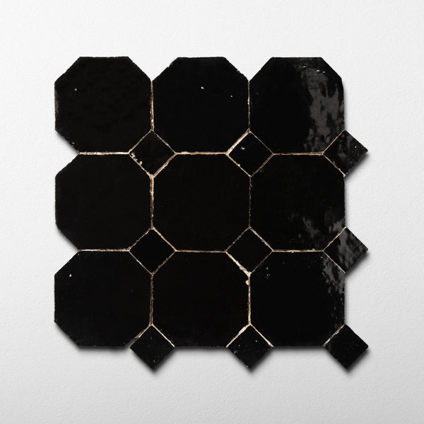 Moroccan Zellige Black Octagon Mosaic with Black dots | Cemento