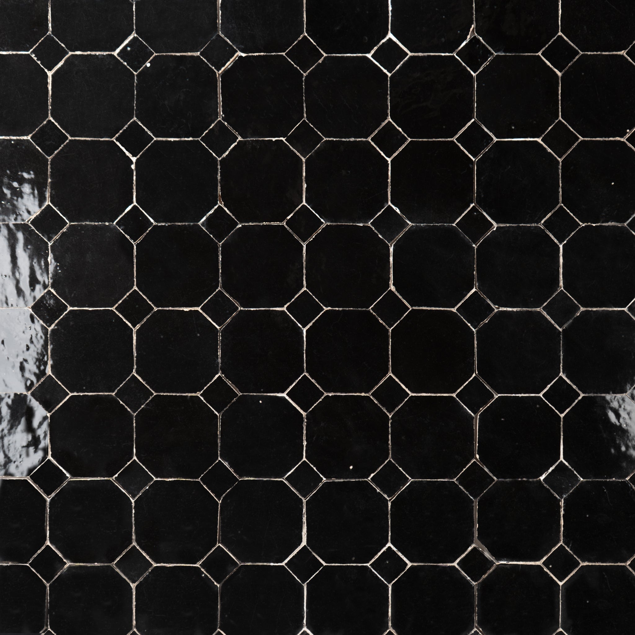 Moroccan Zellige Black Octagon Mosaic with Black dots - Cemento Collection