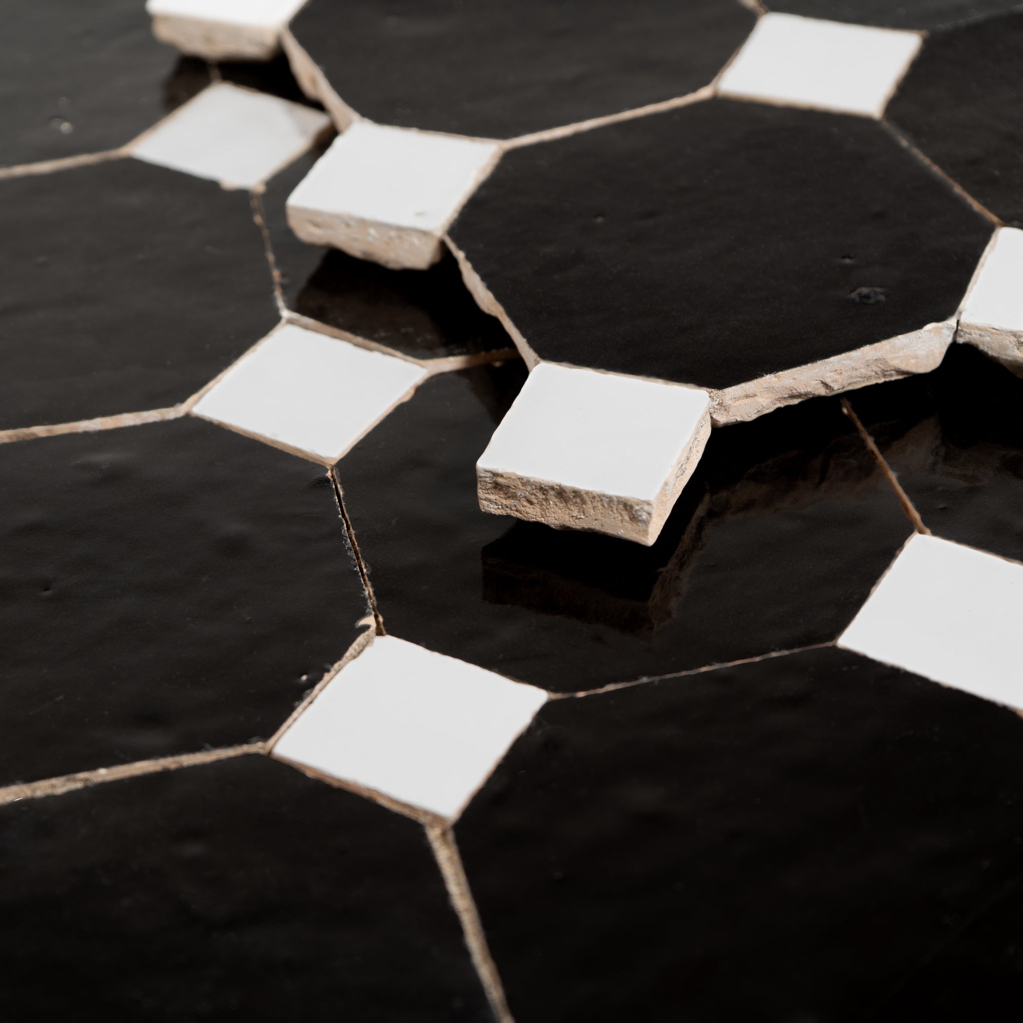 Moroccan Zellige Black Octagon Mosaic with Snow White dots