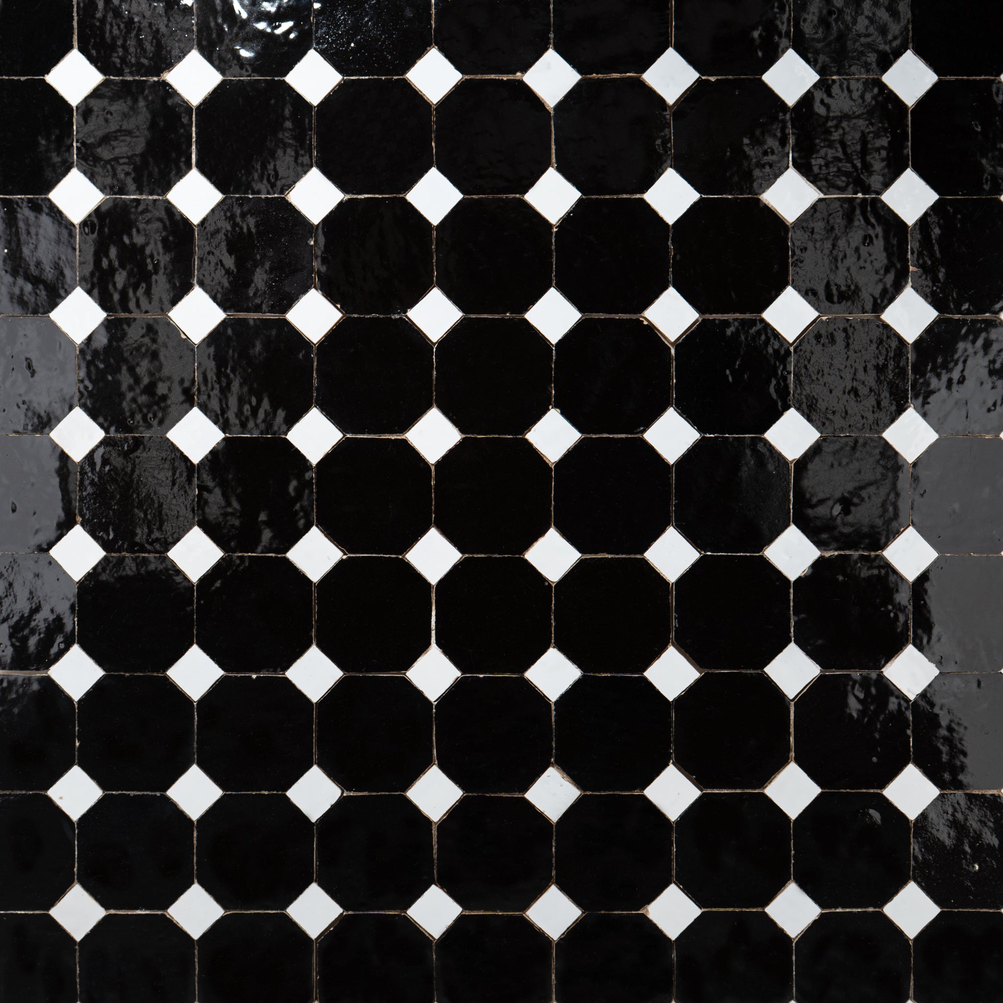 Moroccan Zellige Black Octagon Mosaic with Snow White dots
