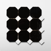 Moroccan Zellige Black Octagon Mosaic with Snow White dots - Cemento Collection