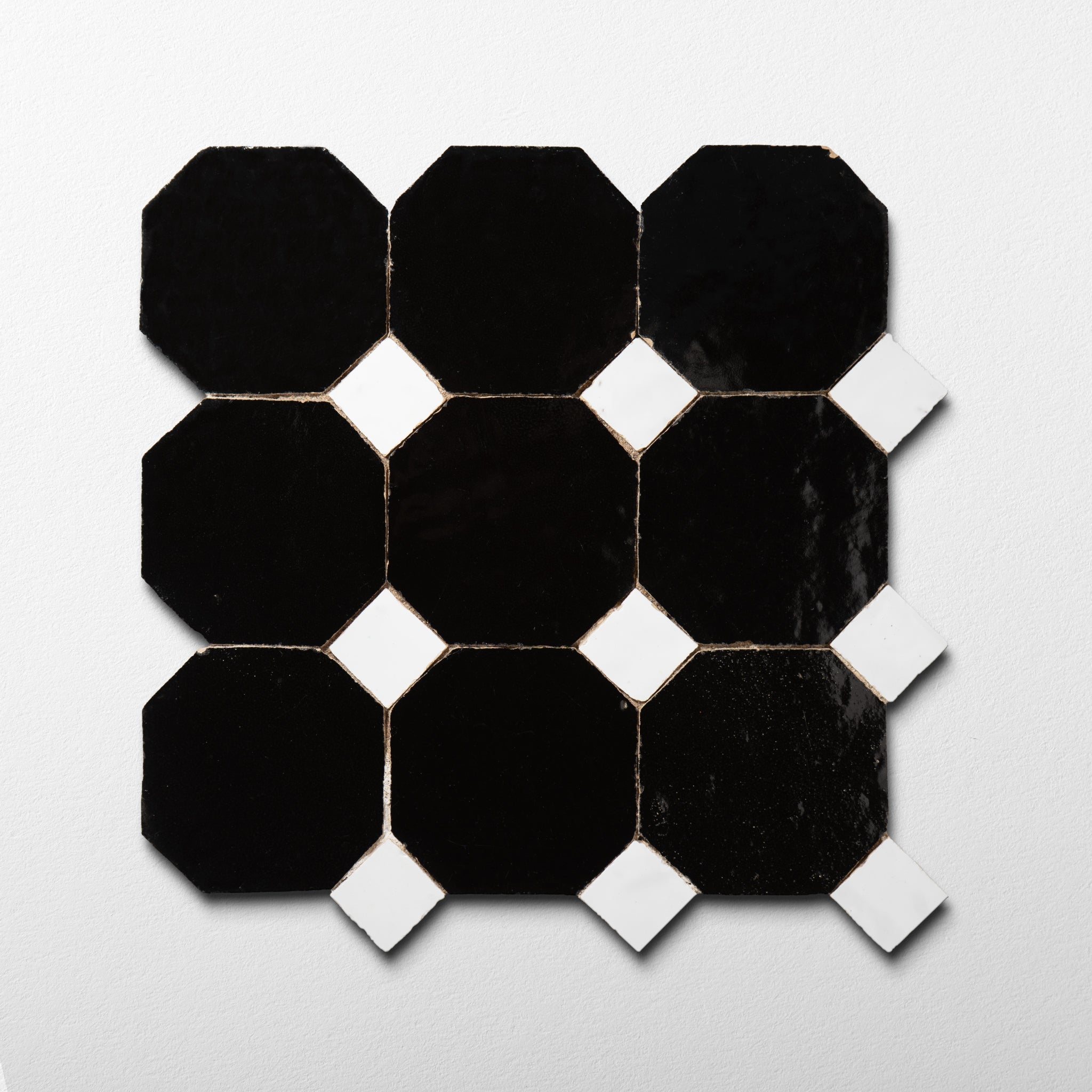Moroccan Zellige Black Octagon Mosaic with Snow White dots - Cemento Collection