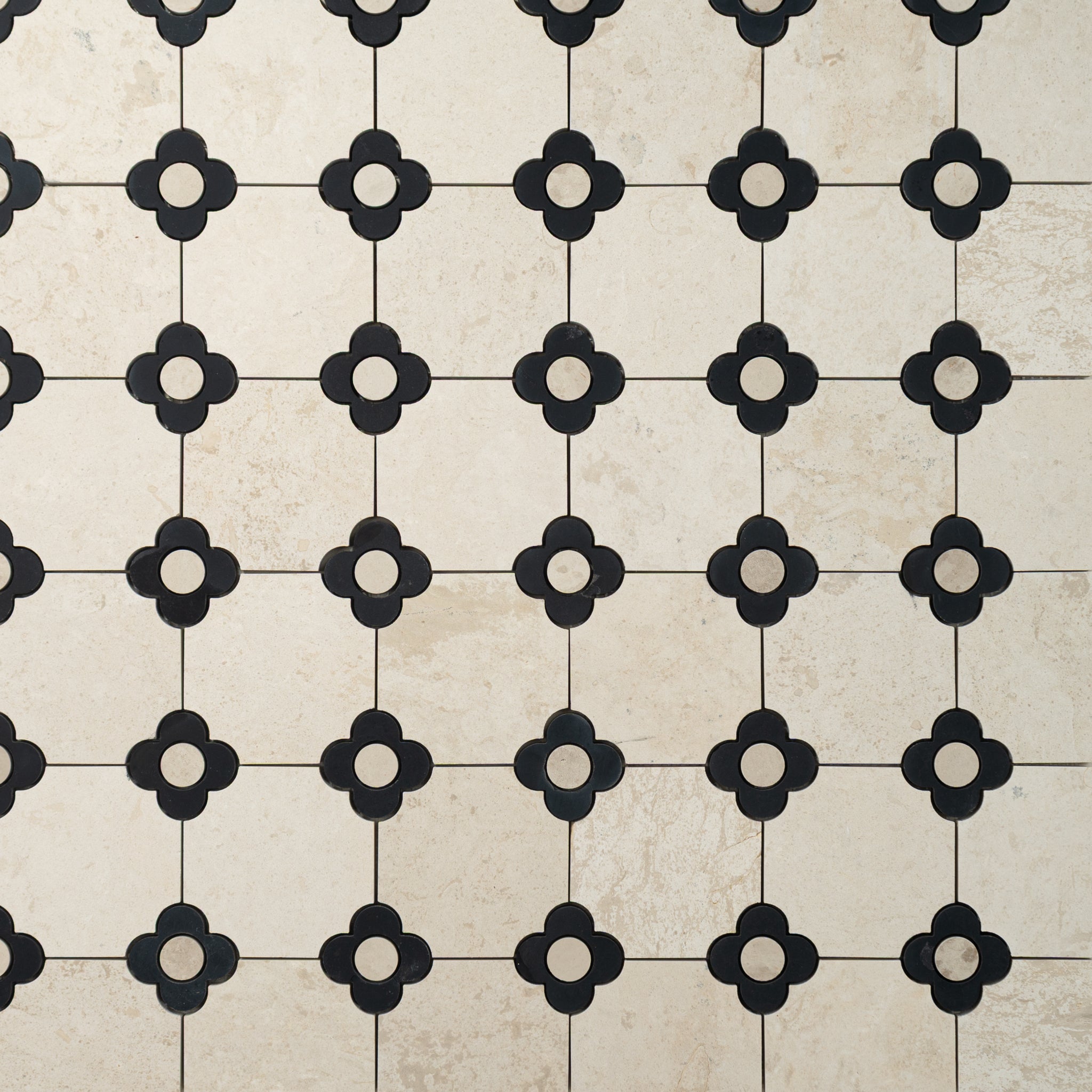 Octagon with Flower | Beige Limestone - Nero Marquina - Harley Beige Honed Mosaic Tile - Cemento Collection