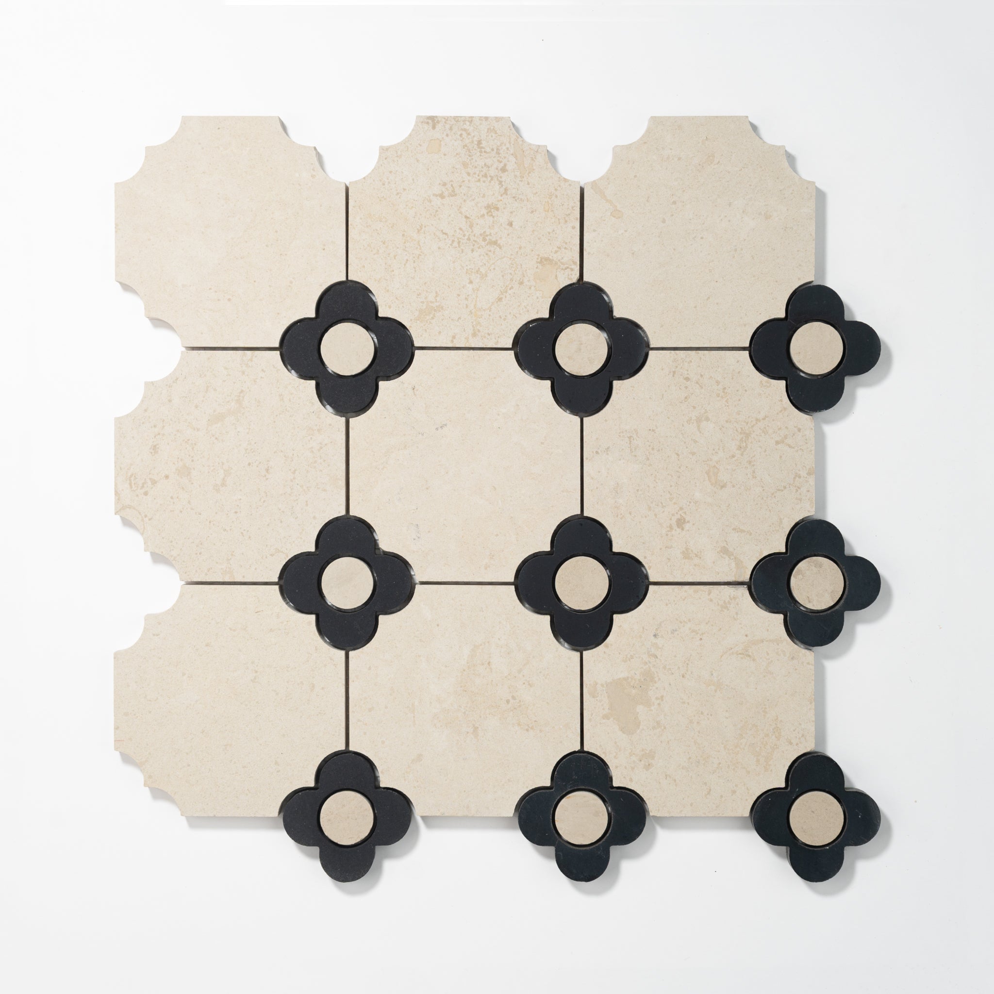 Octagon with Flower | Beige Limestone - Nero Marquina - Harley Beige Honed Mosaic Tile - Cemento Collection