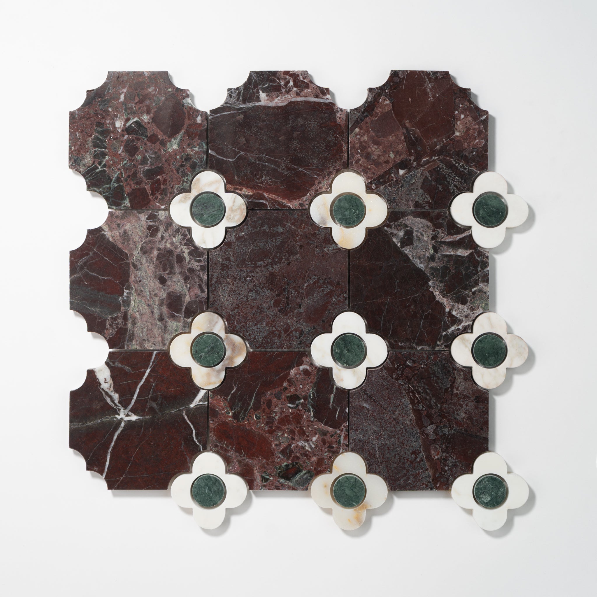 Octagon with Flower | Rosso Levanto - Turkish Viola - Verde Alpi Honed Mosaic Tile - Cemento Collection