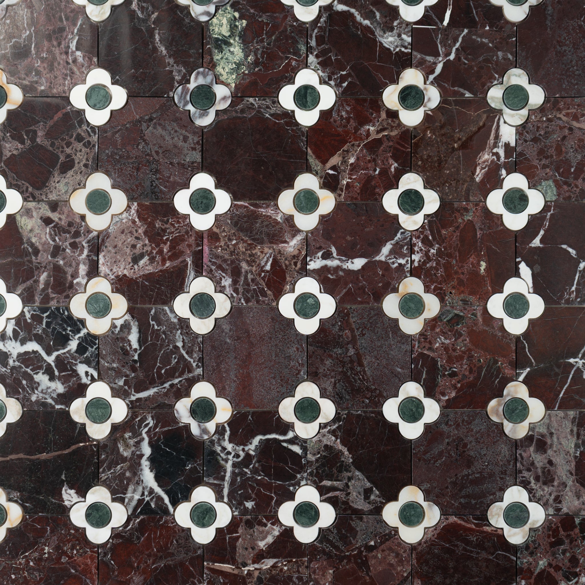 Octagon with Flower | Rosso Levanto - Turkish Viola - Verde Alpi Honed Mosaic Tile - Cemento Collection