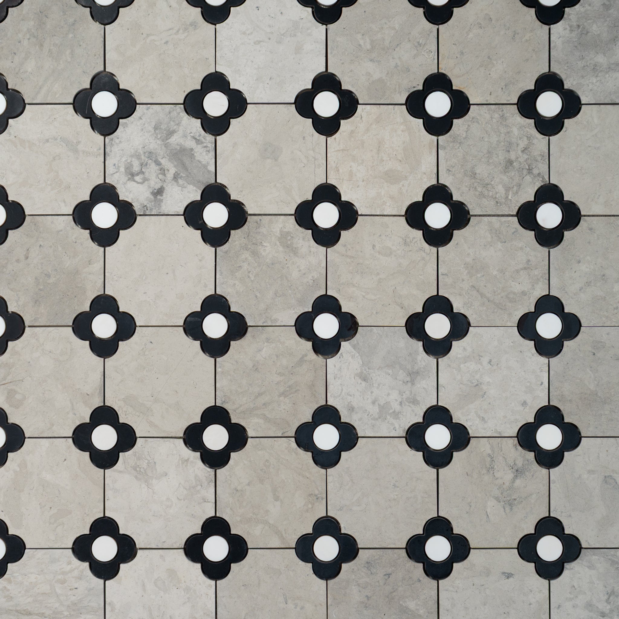 Octagon with Flower | Tala Grey - Nero Marquina - Bianco Dolomite Honed Mosaic Tile - Cemento Collection