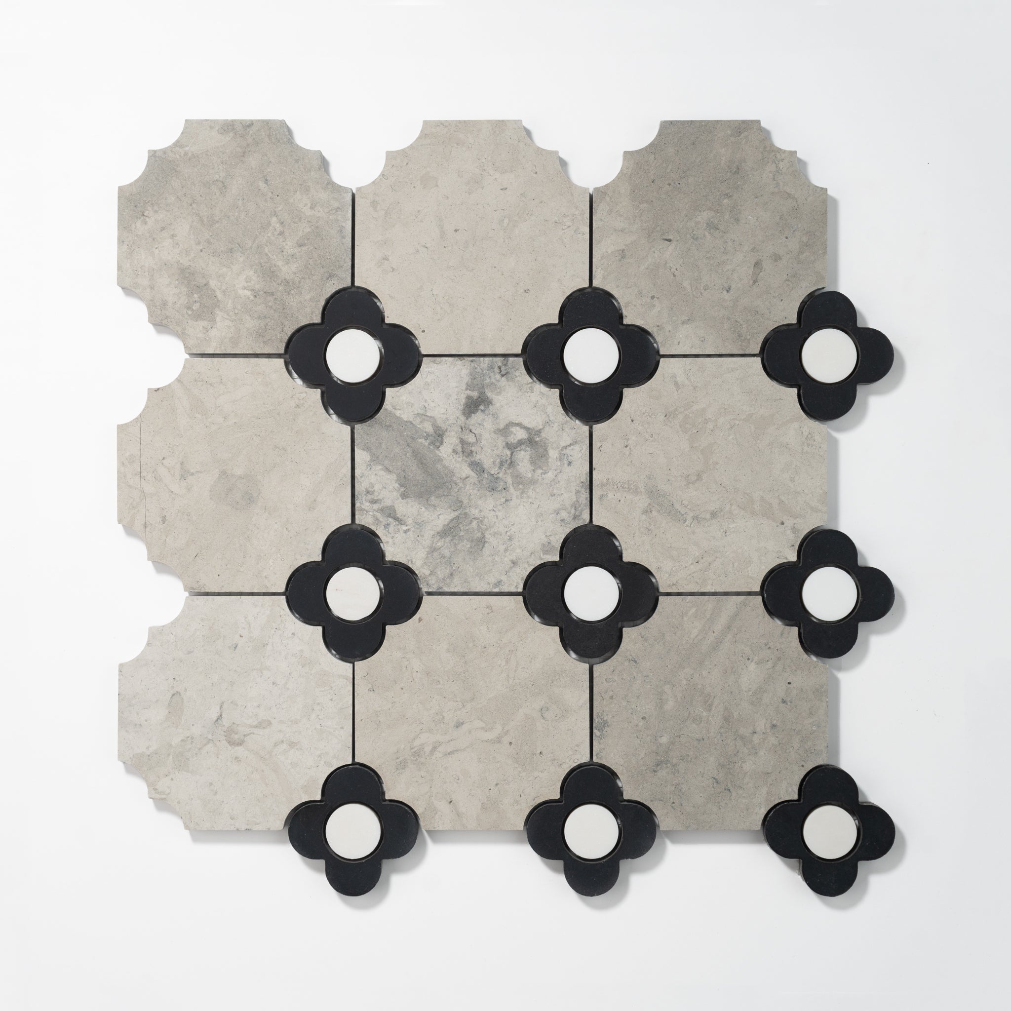 Octagon with Flower | Tala Grey - Nero Marquina - Bianco Dolomite Honed Mosaic Tile - Cemento Collection