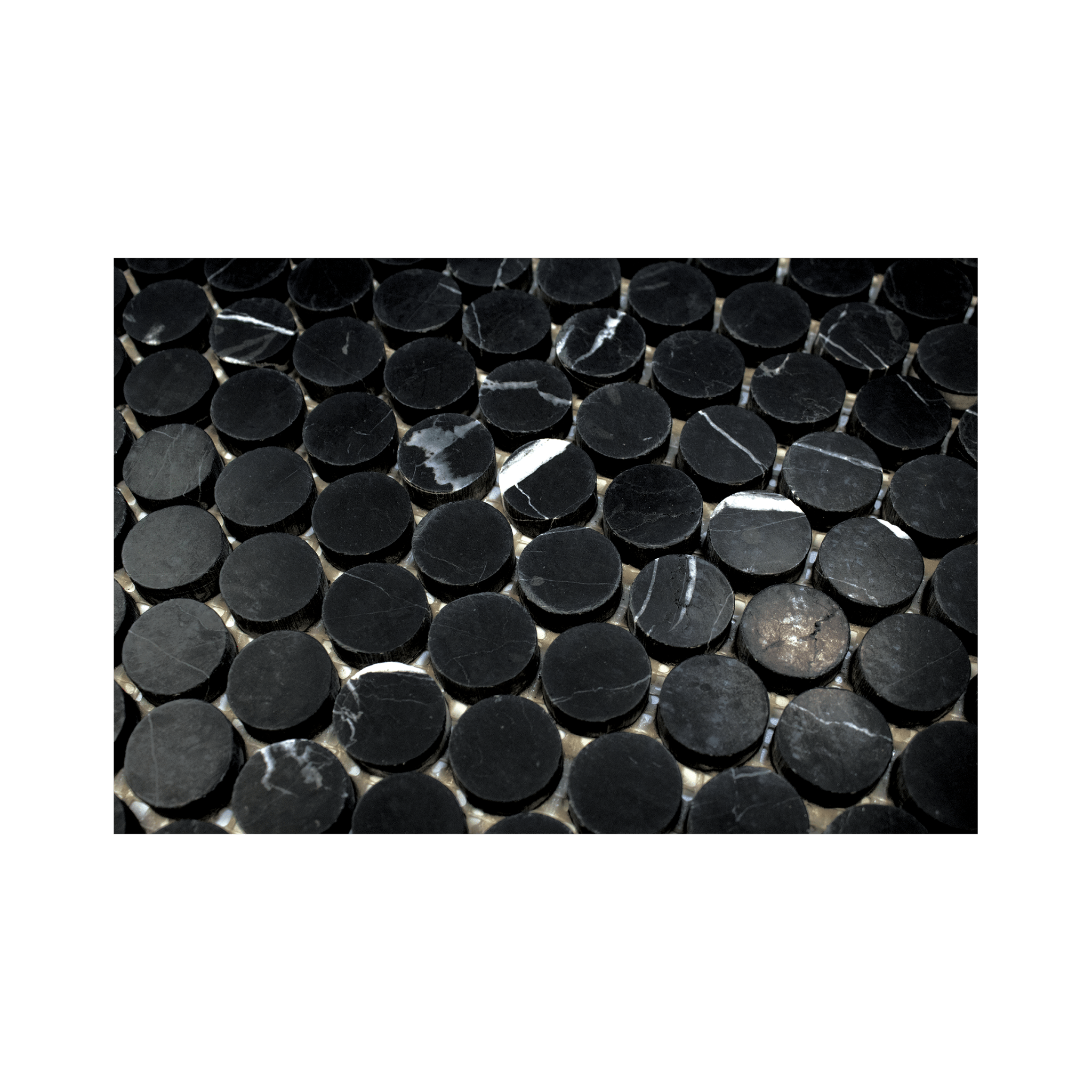Penny Round 1" Nero Marquina Marble Honed Mosaic Tile - Cemento Collection