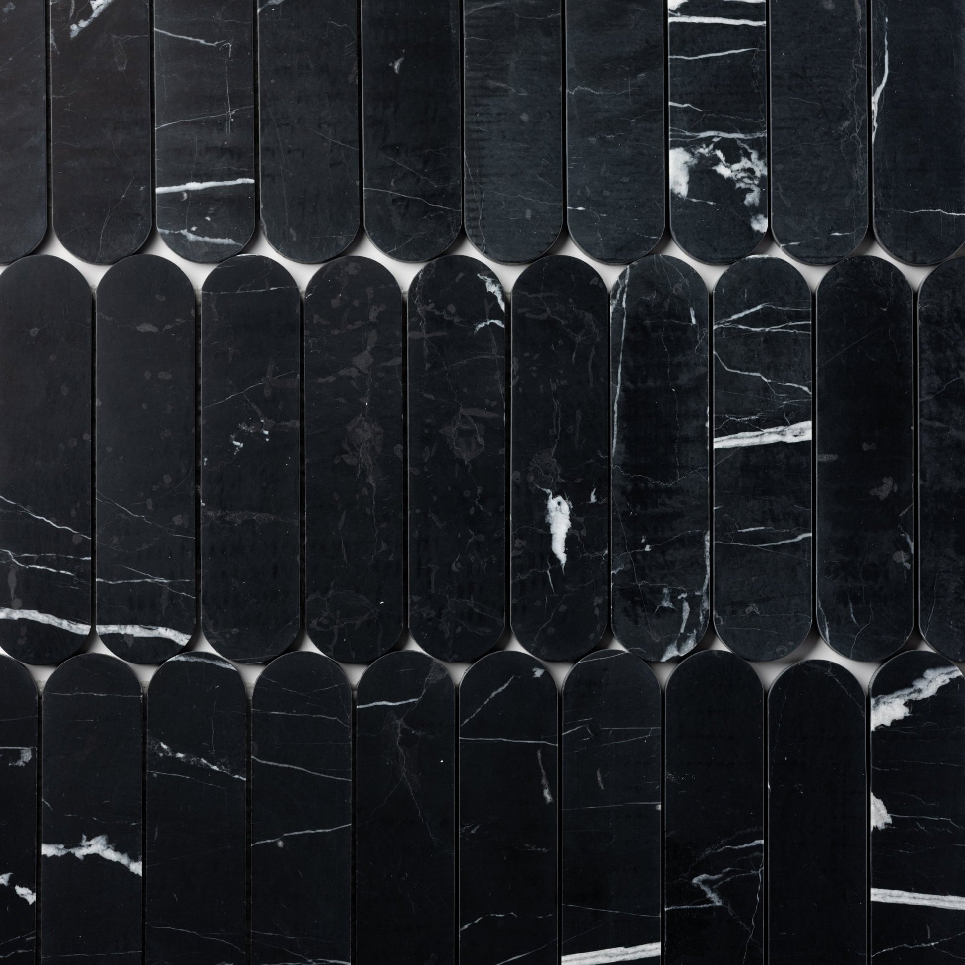 Pill Shape Nero Marquina Marble Honed Mosaic Tile - Cemento Collection