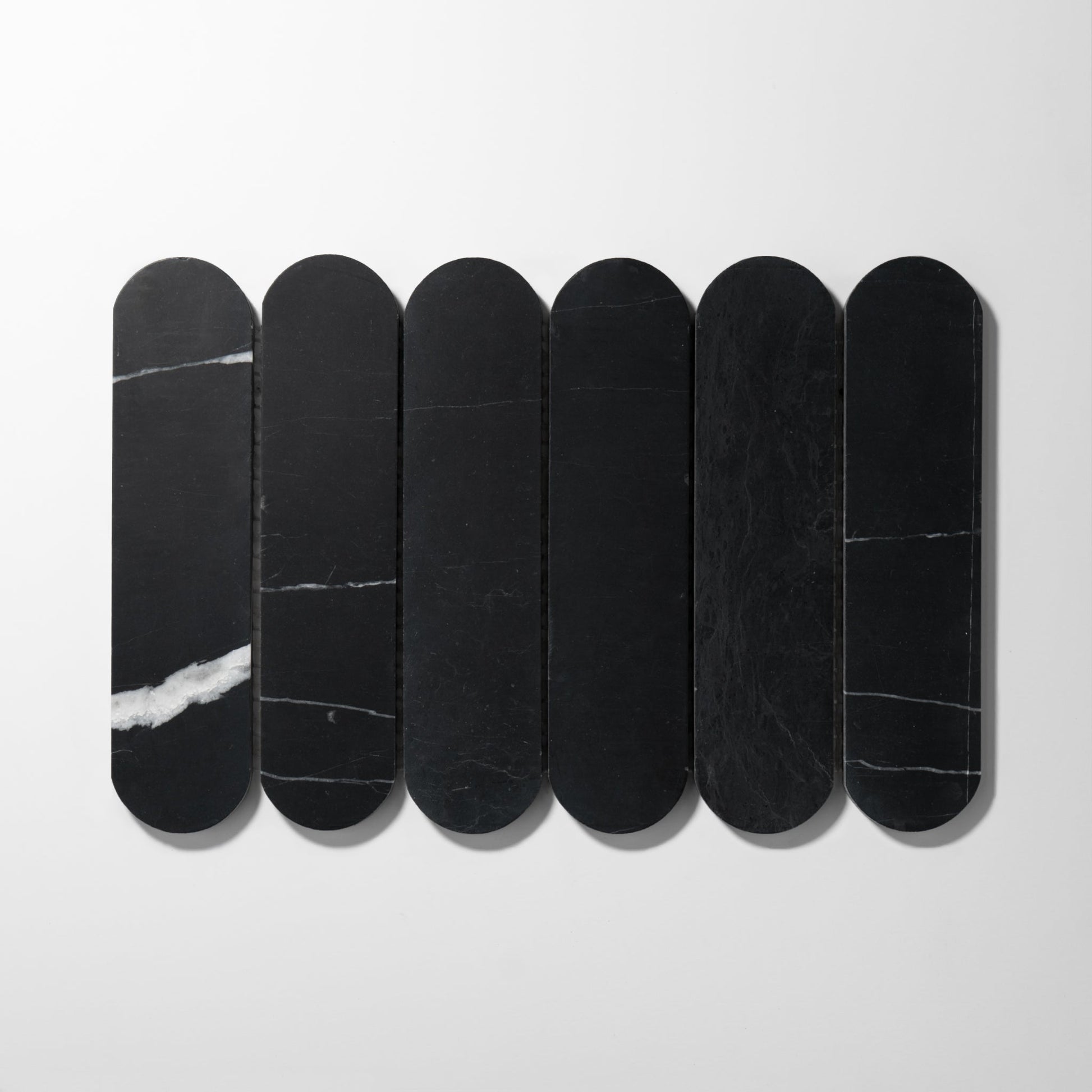 Pill Shape Nero Marquina Marble Honed Mosaic Tile