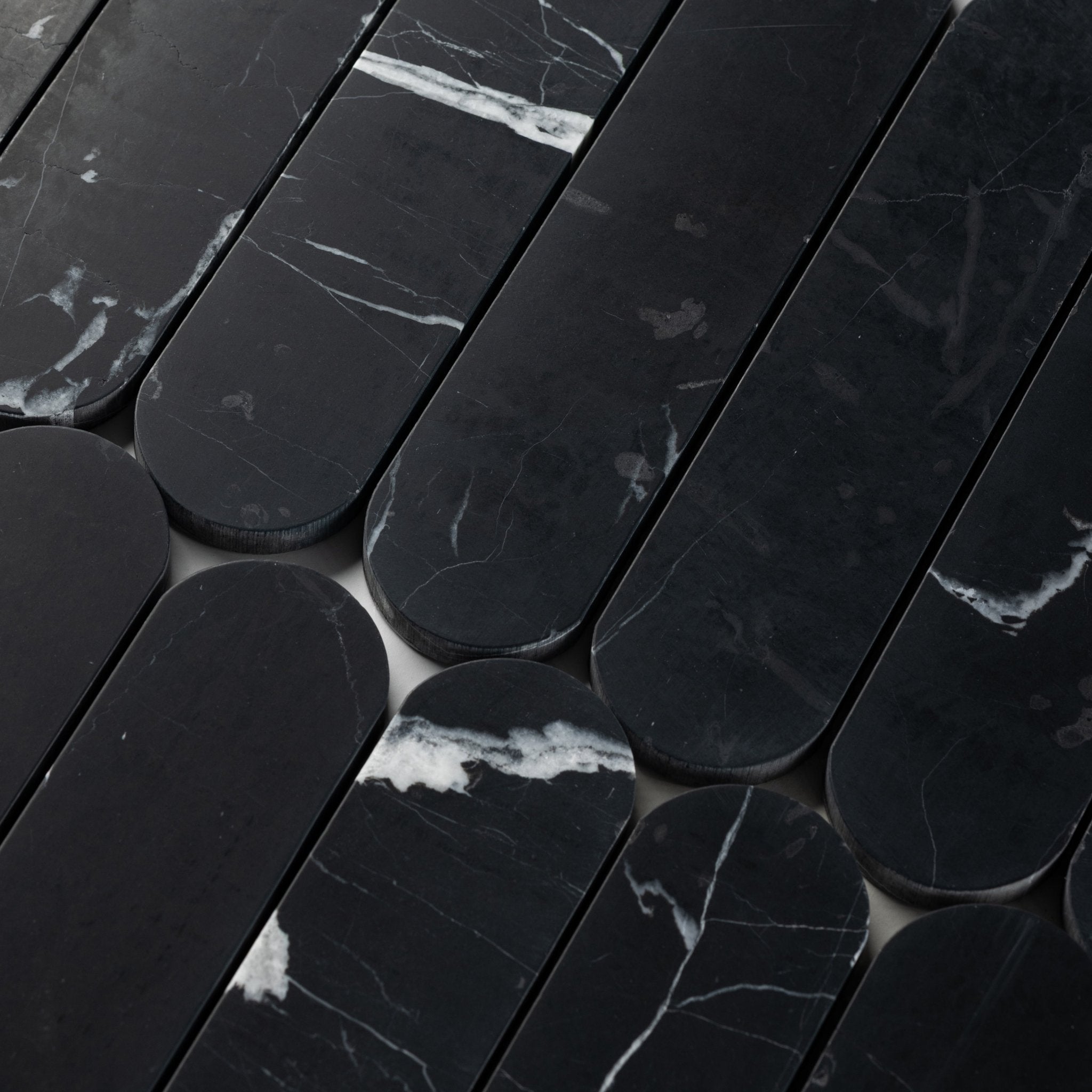 Pill Shape Nero Marquina Marble Honed Mosaic Tile - Cemento Collection