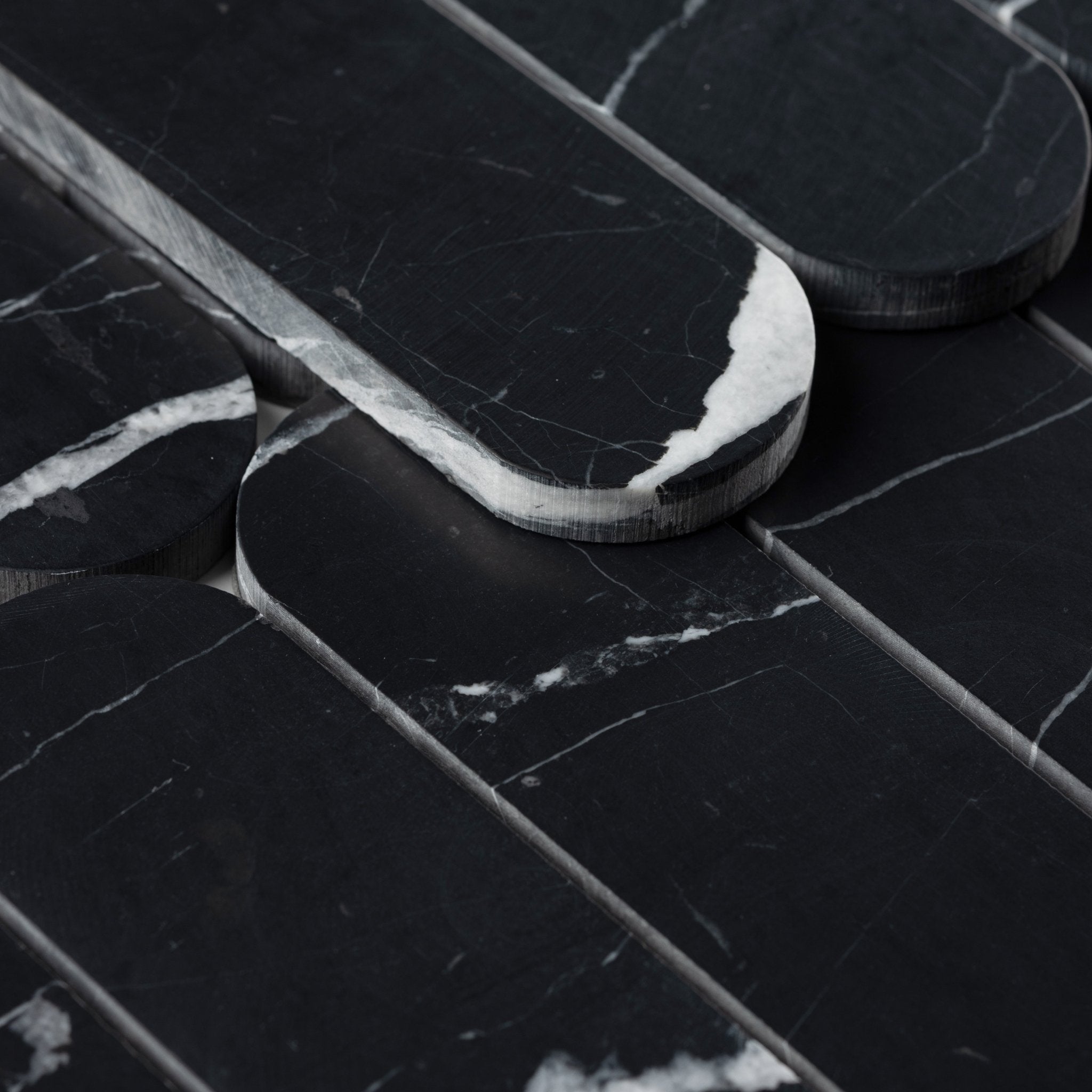 Pill Shape Nero Marquina Marble Honed Mosaic Tile - Cemento Collection