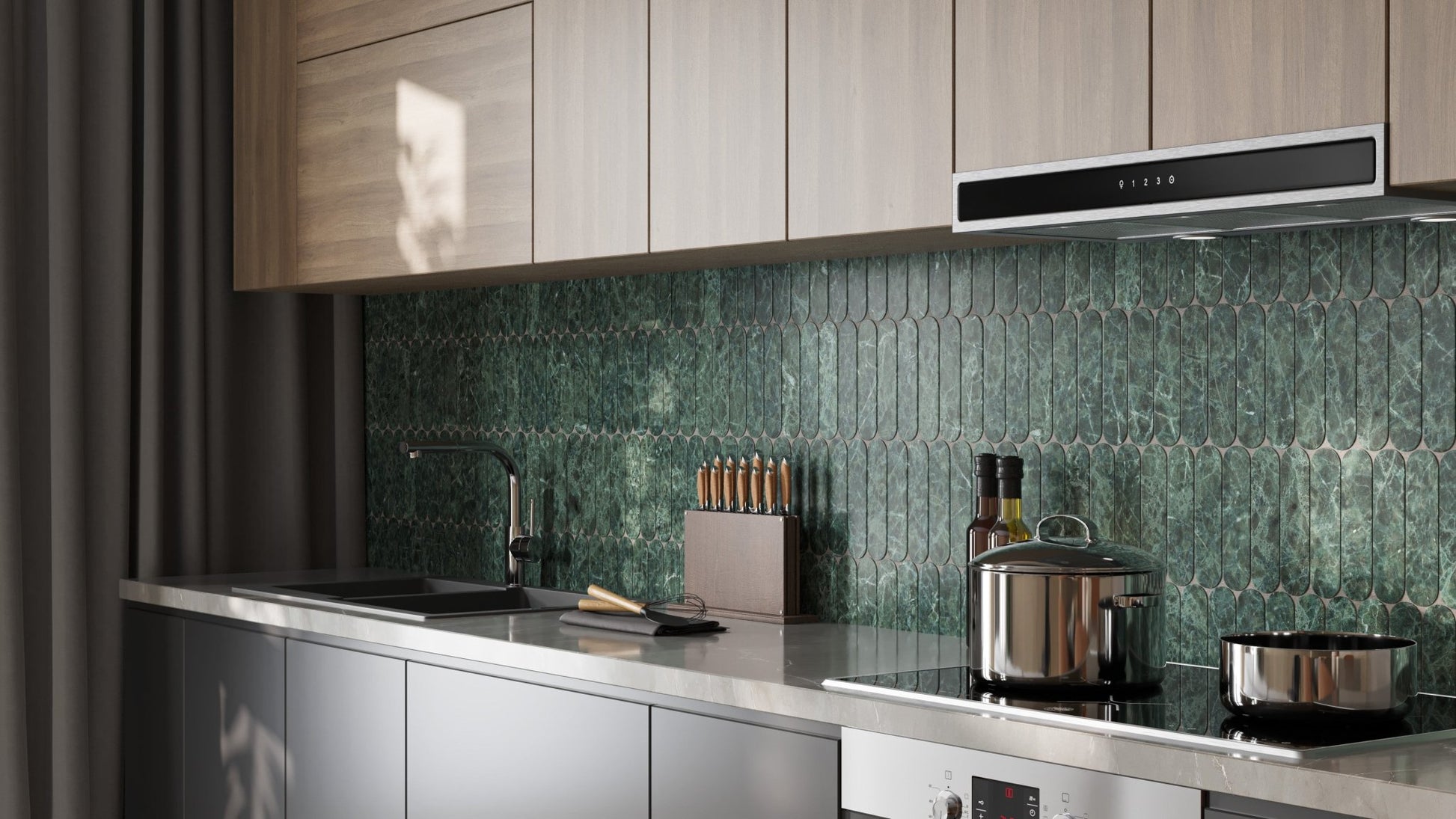Pill Shape Verde Alpi Marble Honed Mosaic Tile - Cemento Collection