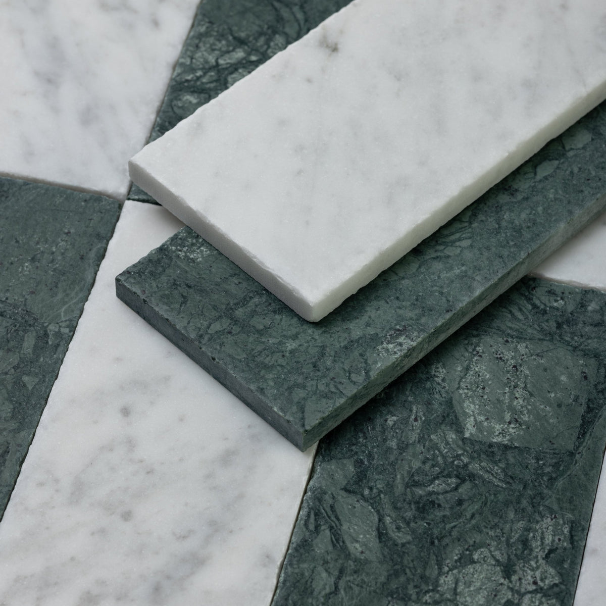 Verde Alpi X Bianco Carrara 3x12 Patina Checker Tile - Cemento Collection