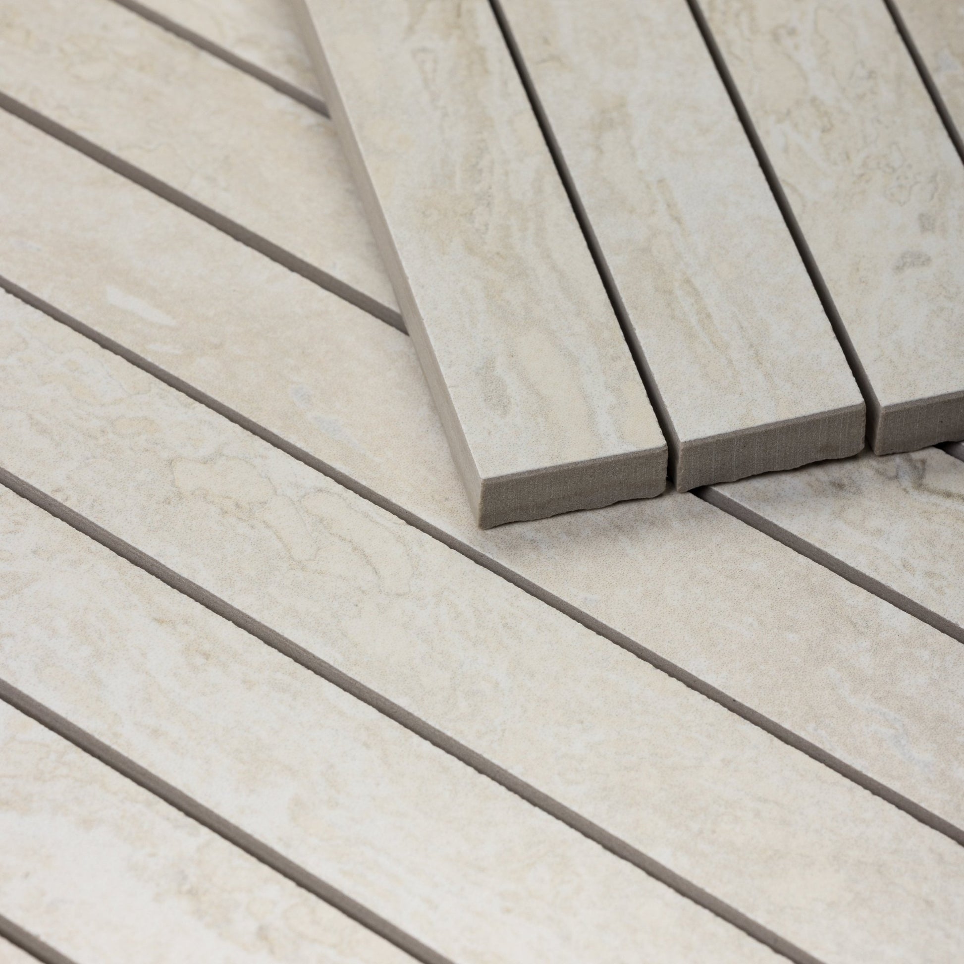 White Travertine 1x48 Strip Porcelain Tile - Cemento Collection