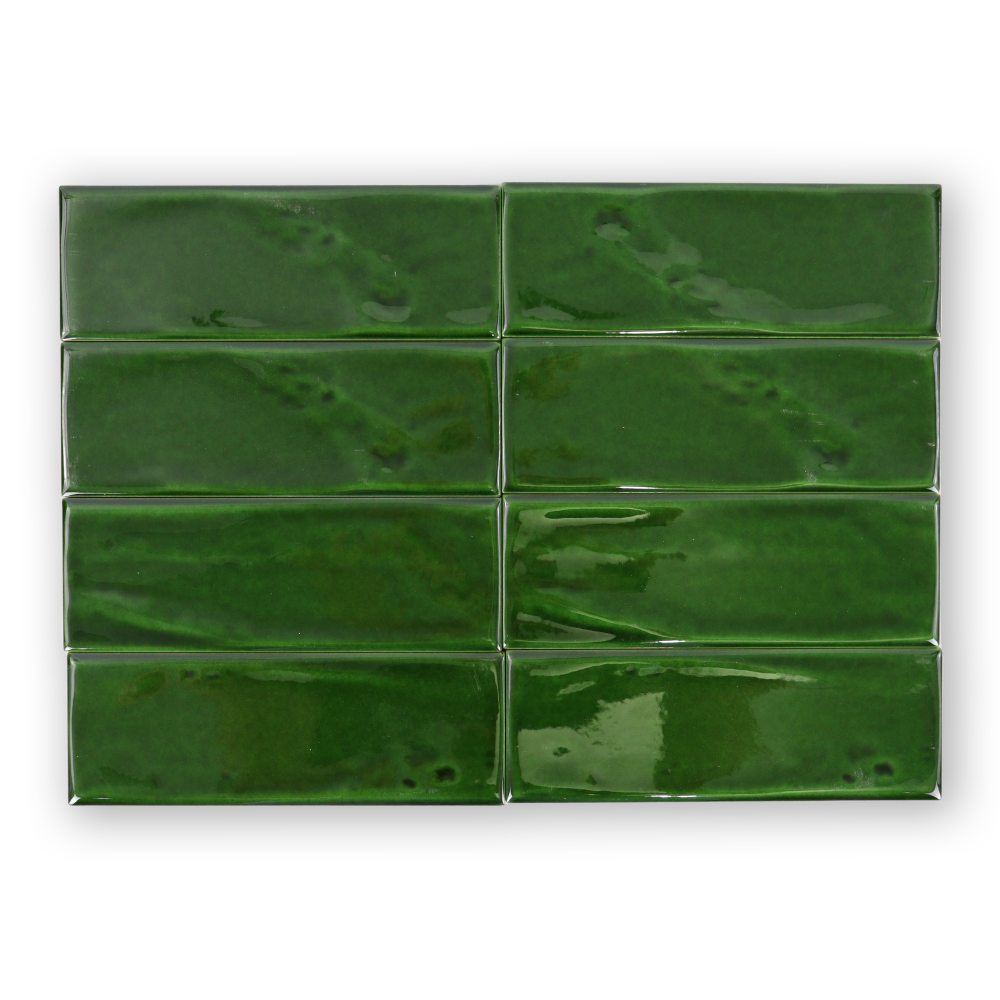 Handmade 3x8 Emerald Green Glossy Undulated Subway Tile