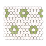 Metro Hex Matte White with Glossy Green Flower Porcelain Mosaic Tile
