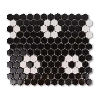 Metro Hex Glossy Black with White Flower Porcelain Mosaic Tile
