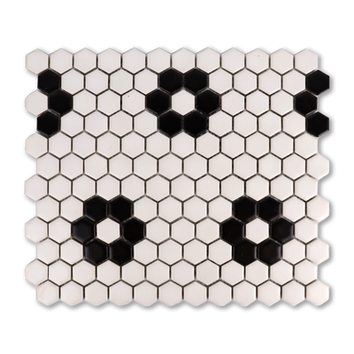 Metro Hex Matte White with Black Flower Porcelain Mosaic Tile