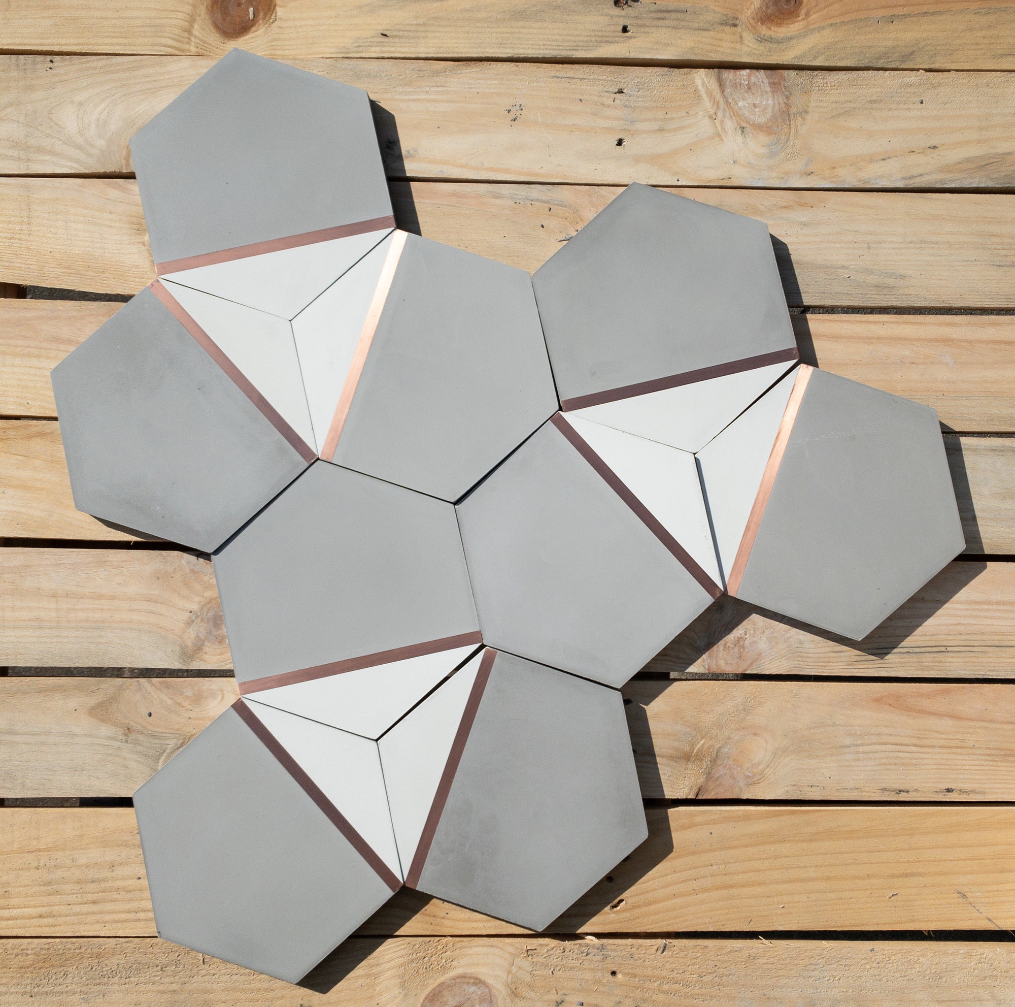 Pocket Square® Grey Hexagon Cement Tile with Red Brass Inlay