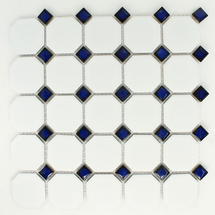 White Matte Octagon with Cobalt Blue Dots
