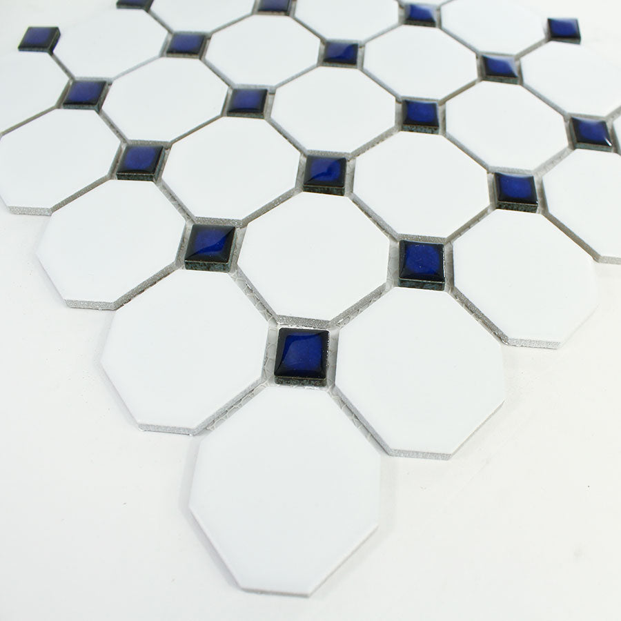 White Matte Octagon with Cobalt Blue Dots