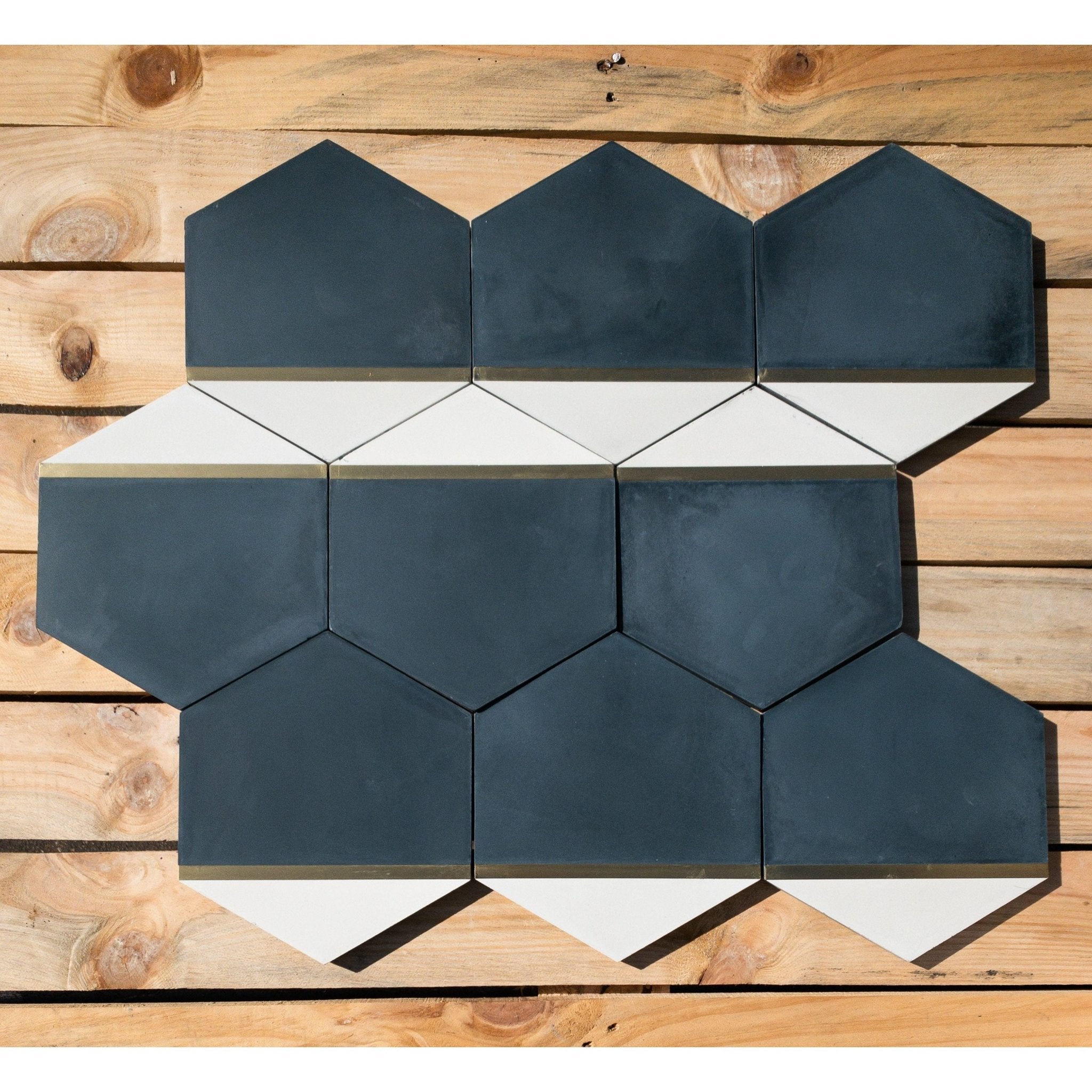 Pocket Square® Navy Blue Hexagon Cement Tile with Brass Inlay - Cemento Collection